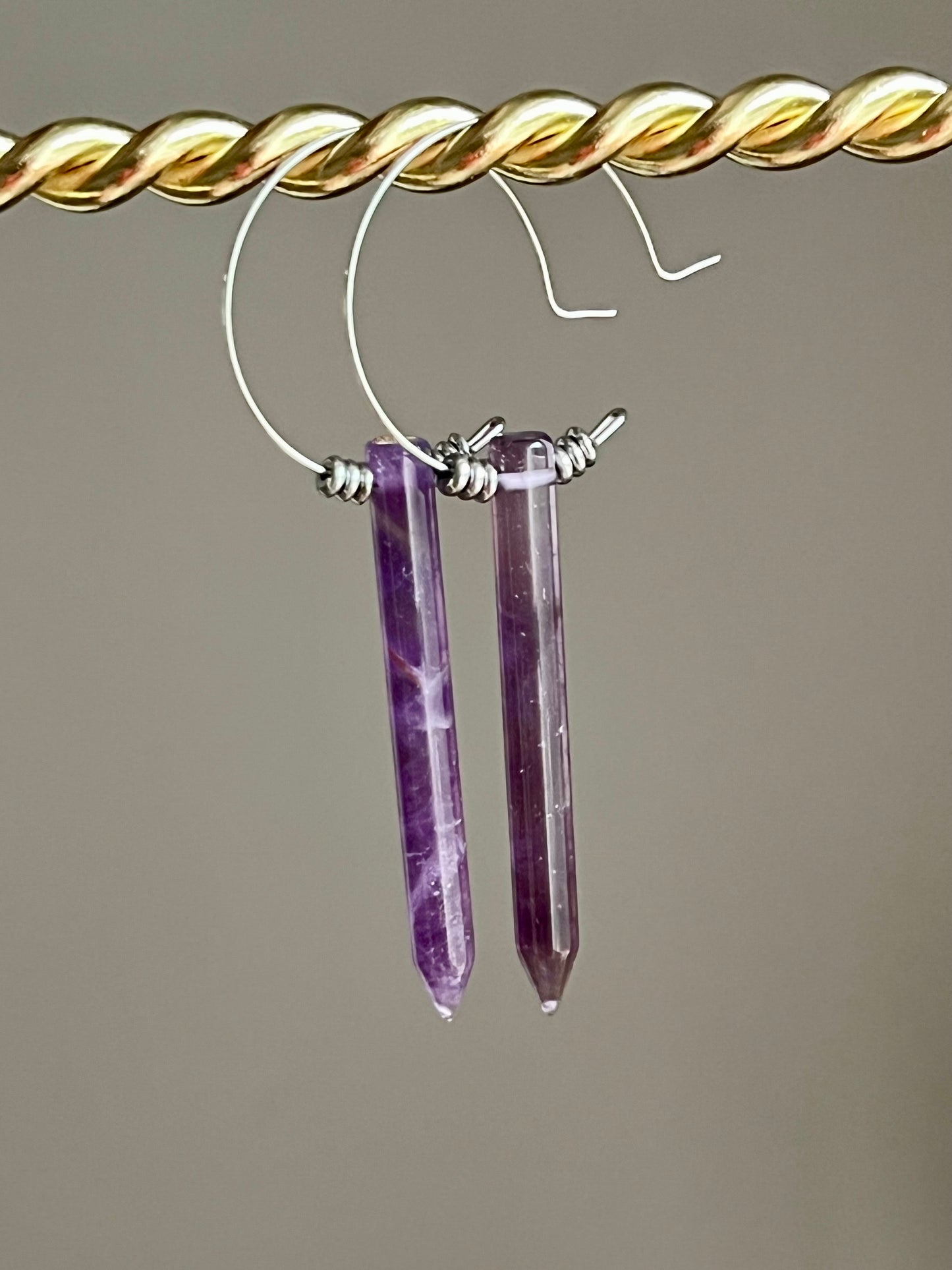 AMETHYST POINT w/ SILVER HEMATITE HOOPS | Gemstone Earrings
