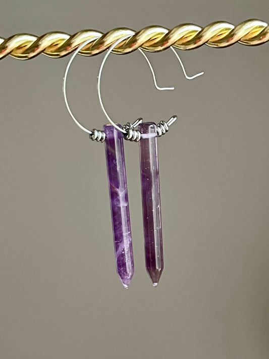AMETHYST POINT w/ SILVER HEMATITE HOOPS | GEMSTONE CRYSTAL Earrings