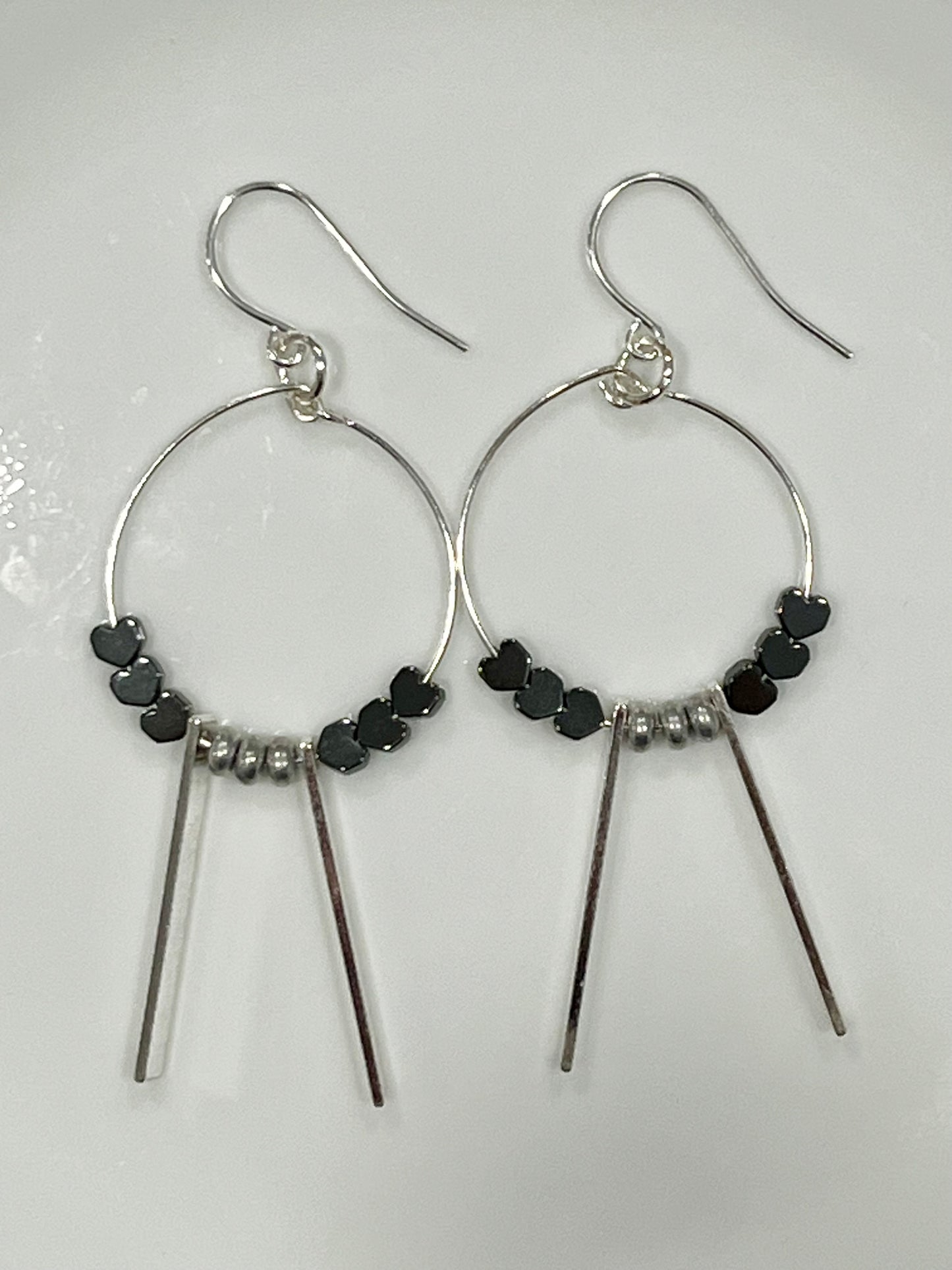 HEMATITE HEARTS w/ METAL RECTANGLES | GEMSTONE CRYSTAL Earrings