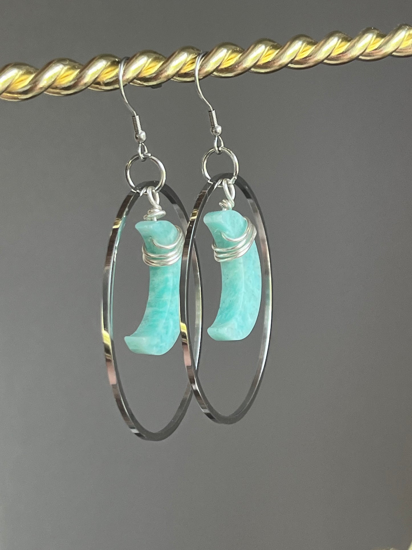 “HANG THE MOON” : AMAZONITE WIRE-WRAPPED CRESCENT MOON HOOP-DANGLES | GEMSTONE CRYSTAL Earrings