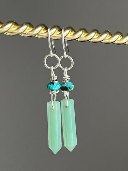GREEN AVENTURINE HEX w/ TURQUOISE DANGLE | GEMSTONE CRYSTAL Earrings