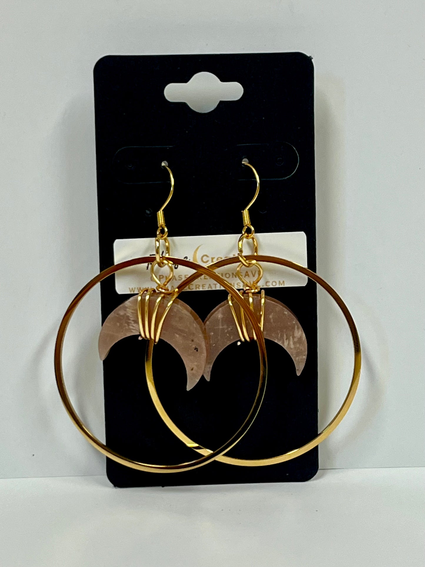 WIRE-WRAPPED PEACH MOONSTONE CRESCENT MOON HOOP-DANGLES (GPSS | Gemstone Earrings