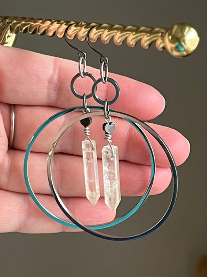 CITRINE HEX w/ MINI HEMATITE HOOP DANGLES | GEMSTONE CRYSTAL Earrings
