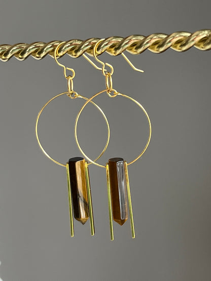TIGER’S EYE HEX w/ GP RECTANGLES + BEADS | GEMSTONE CRYSTAL Earrings