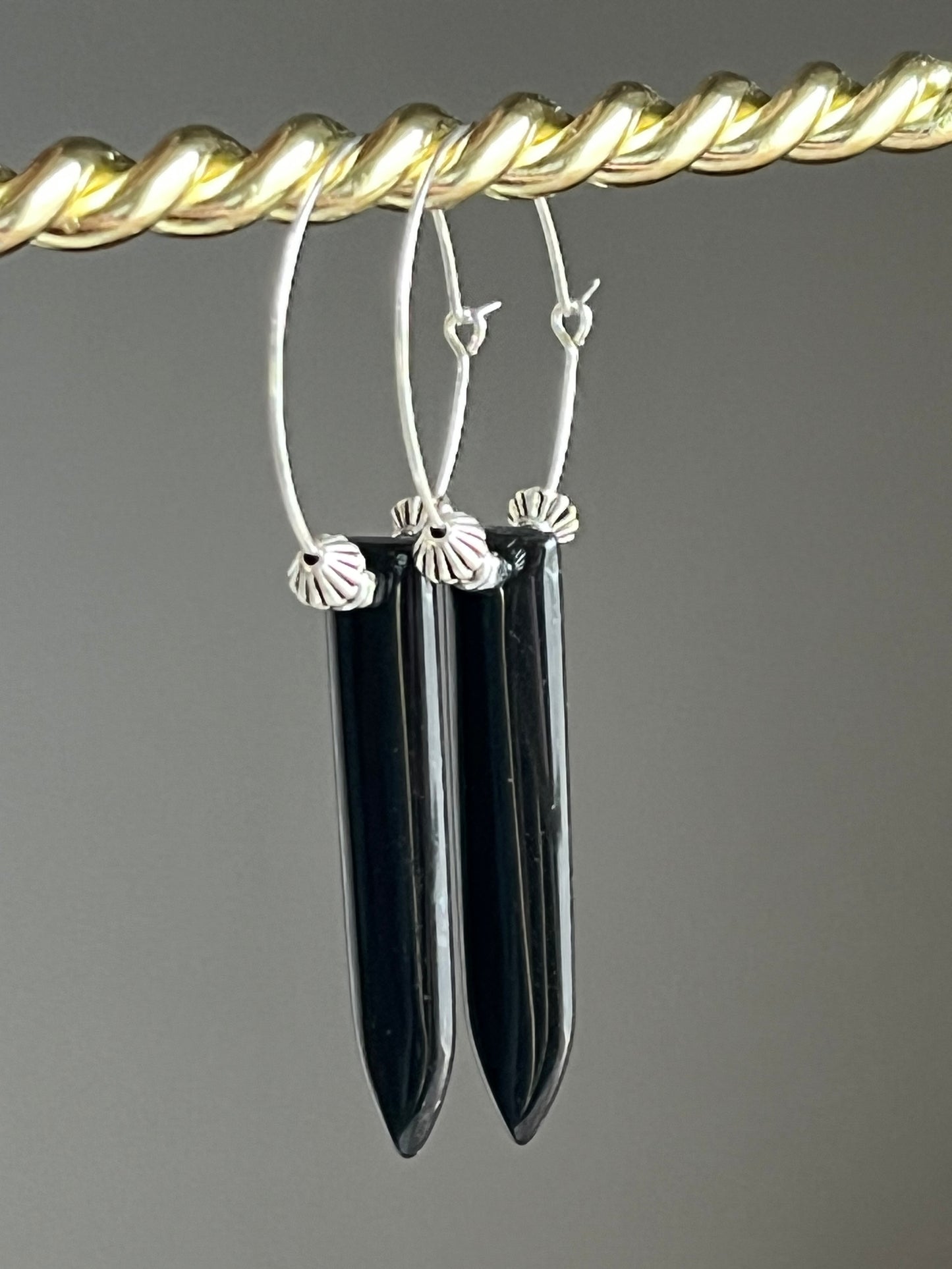 CHUNKY ONYX PUFF w/ SILVER HEMATITE HOOP | GEMSTONE CRYSTAL Earrings