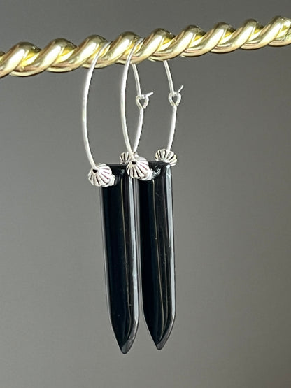 CHUNKY ONYX PUFF w/ SILVER HEMATITE HOOP | GEMSTONE CRYSTAL Earrings