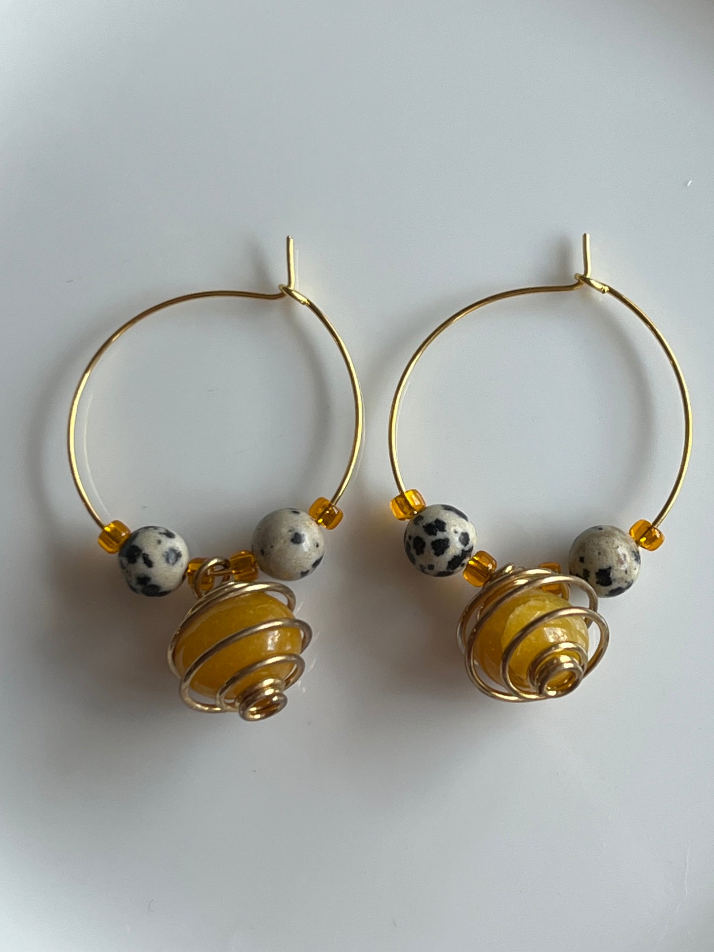 YELLOW AVENTURINE + DALMATIAN JASPER CAGED HOOP | GEMSTONE CRYSTAL Earrings
