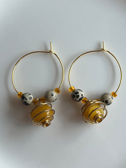 YELLOW AVENTURINE + DALMATIAN JASPER CAGED HOOP | GEMSTONE CRYSTAL Earrings