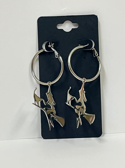 FLYING WITCH + CAT ON BROOMSTICK HOOPS (SS) 1” | Earrings