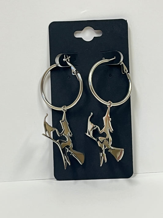 FLYING WITCH + CAT ON BROOMSTICK HOOPS (SS) 1” | Earrings