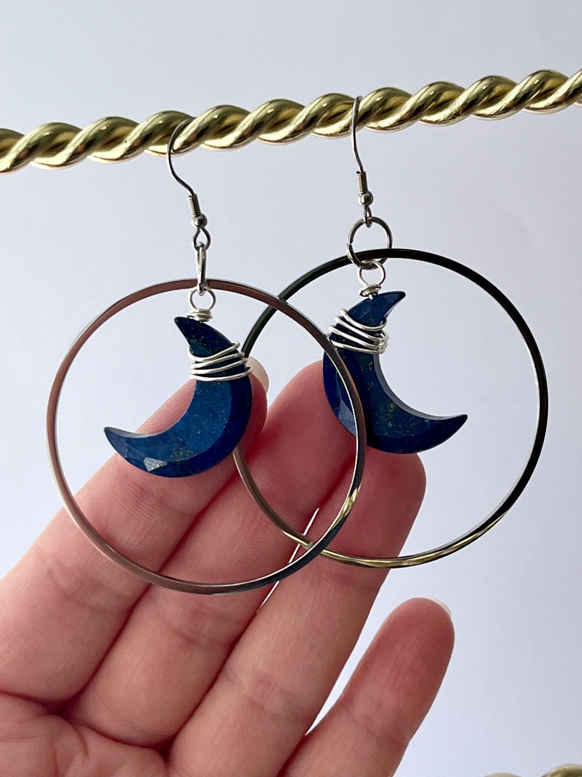 “HANG THE MOON” WIRE-WRAPPED LAPIS LAZULI CRESCENT HOOP-DANGLES (SS) | Gemstone Earrings