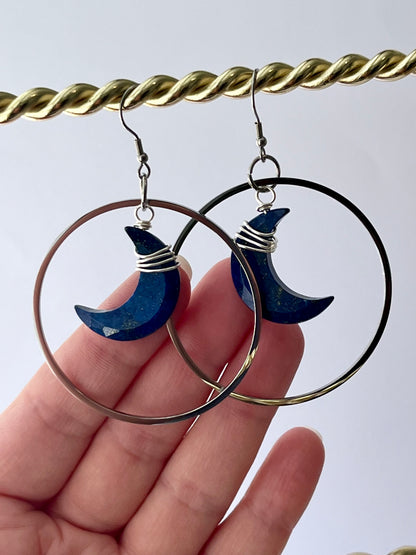 “HANG THE MOON” WIRE-WRAPPED LAPIS LAZULI CRESCENT HOOP-DANGLES (SS) | Gemstone Earrings