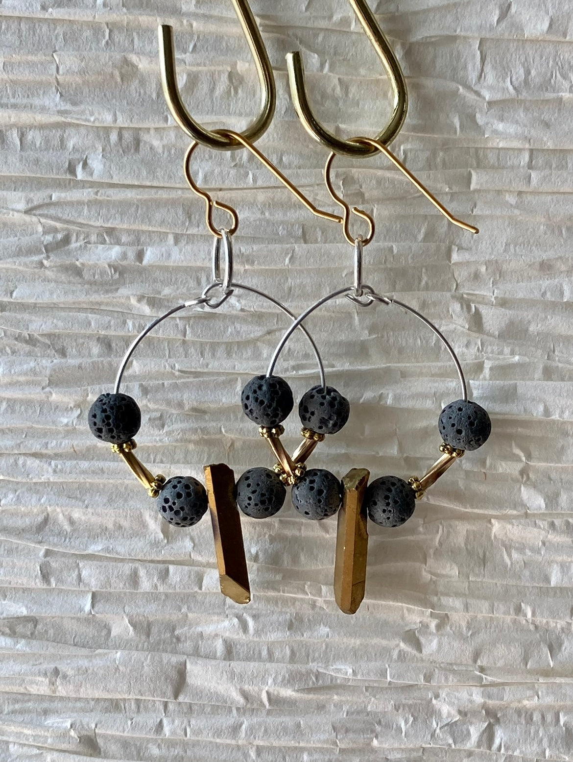 GRAY LAVA STONE + GOLD-PLATED QUARTZ | GEMSTONE CRYSTAL Earrings