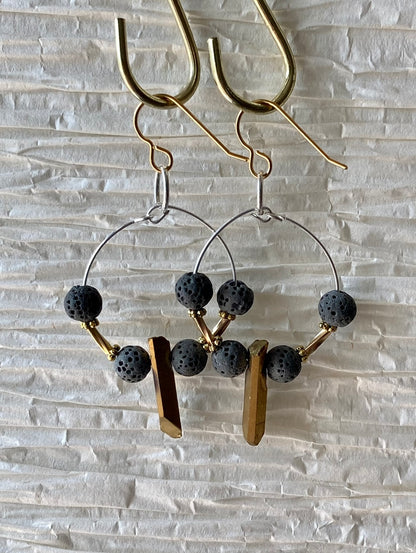 GRAY LAVA STONE + GOLD-PLATED QUARTZ | GEMSTONE CRYSTAL Earrings