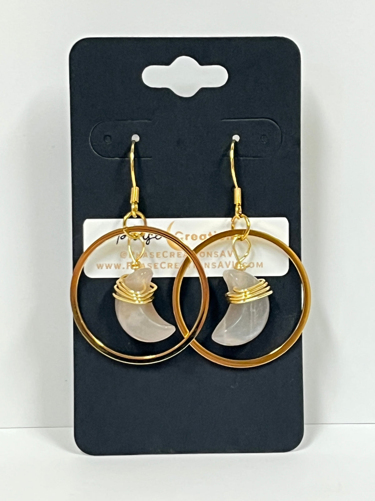 “BABY HANG THE MOON” WIRE-WRAPPED PEACH MOONSTONE CRESCENT HOOP-DANGLES (GPSS) | Gemstone Earrings
