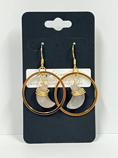 “BABY HANG THE MOON” WIRE-WRAPPED PEACH MOONSTONE CRESCENT HOOP-DANGLES (GPSS) | Gemstone Earrings