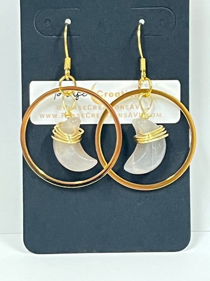 “BABY HANG THE MOON” WIRE-WRAPPED PEACH MOONSTONE CRESCENT HOOP-DANGLES (GPSS) | Gemstone Earrings